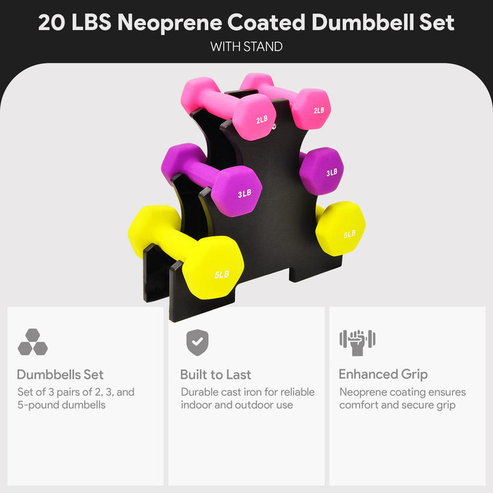 BalanceFrom Fitness 2, 3, and 5 Pound Neoprene Coated Dumbbell Set with Stand