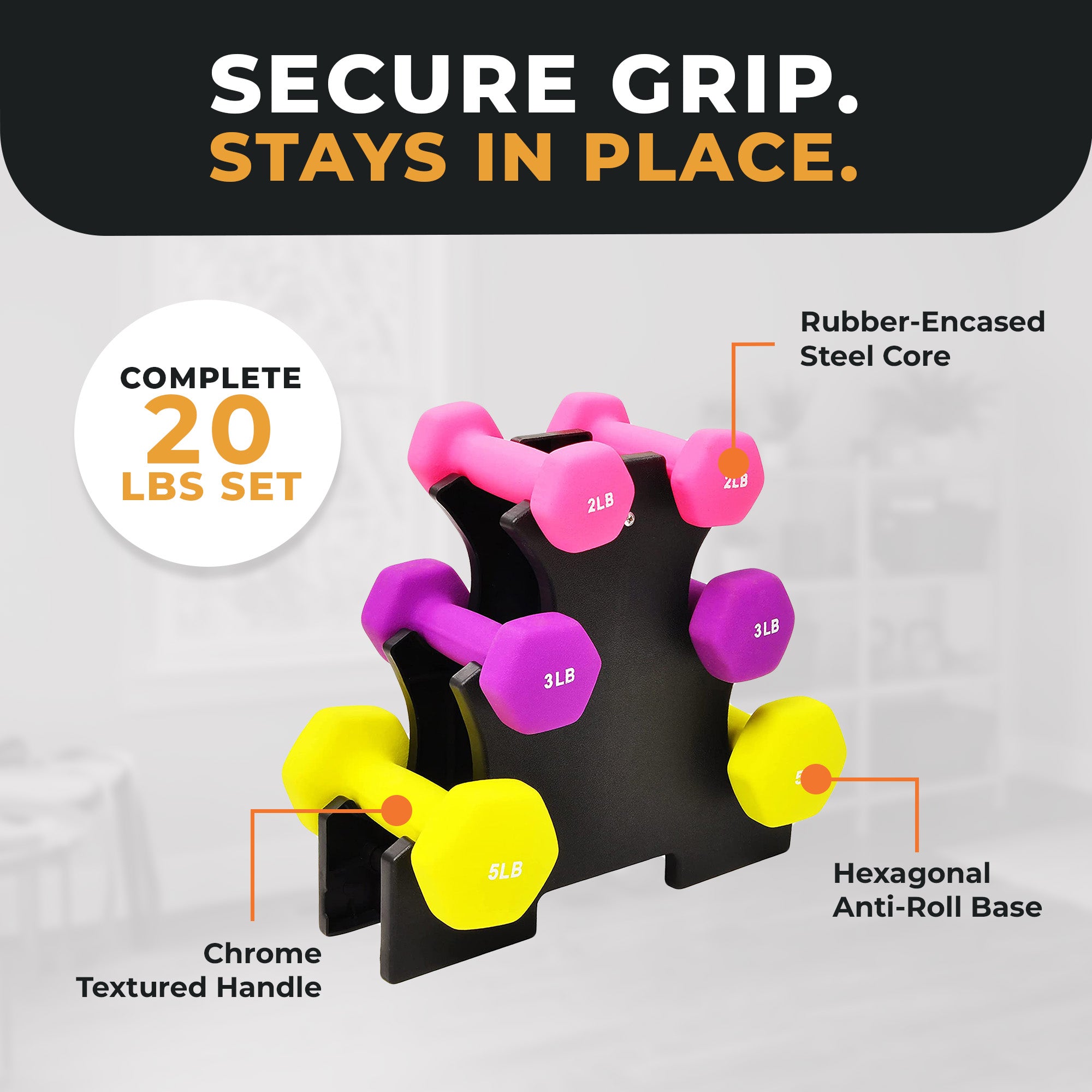 BalanceFrom 20 lb Neoprene Iron Dumbbell Hex Weights Set with Stand, Multi-Color