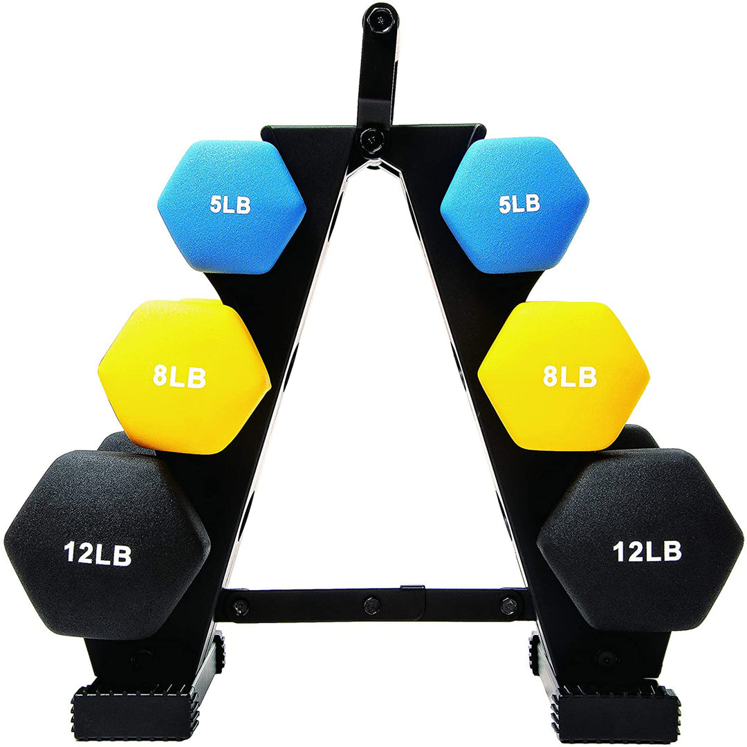 BalanceFrom Fitness 5, 8, and 12 Pound Neoprene Coated Dumbbell Set with Stand