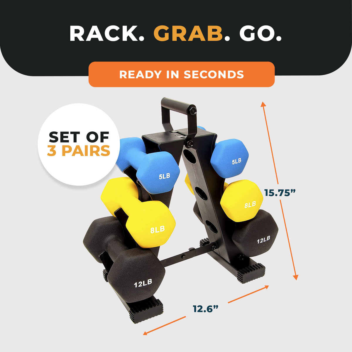 BalanceFrom Fitness 5, 8, and 12 Pound Neoprene Coated Dumbbell Set with Stand