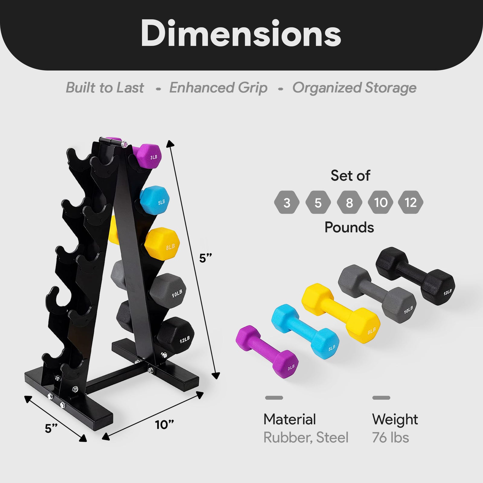 BalanceFrom Fitness 3, 5, 8, 10 & 12 Pound Neoprene Dumbbell Weight Set w/ Stand - VMInnovations