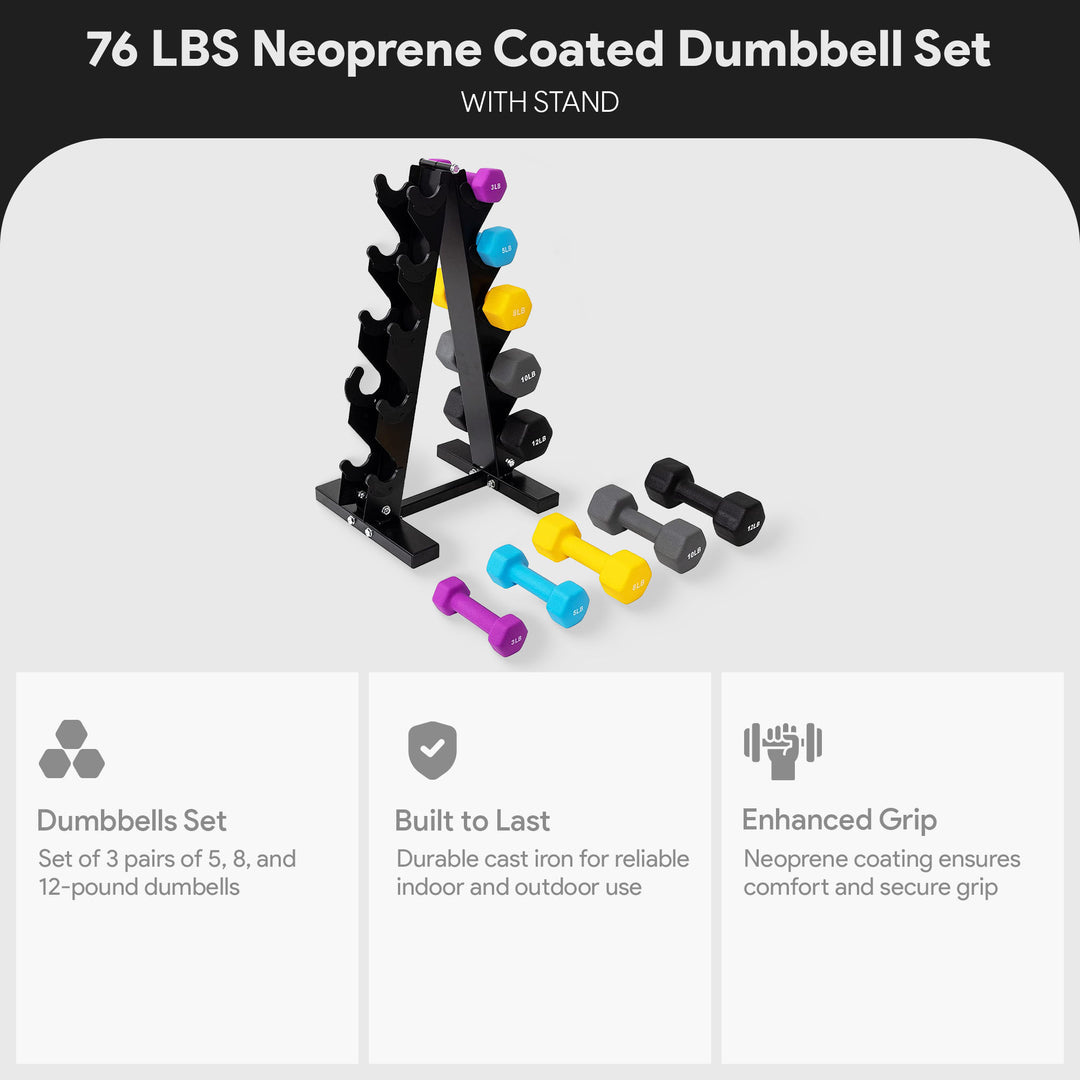 BalanceFrom Fitness 3, 5, 8, 10 & 12lbs Neoprene Dumbbell Set w/ Stand(Open Box)