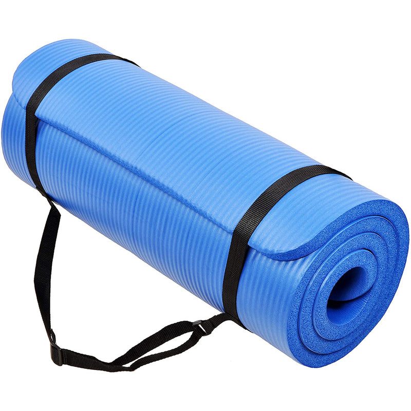 GoCloud 1" Extra Thick Exercise Yoga Mat with Carrying Strap, Blue (Open Box)