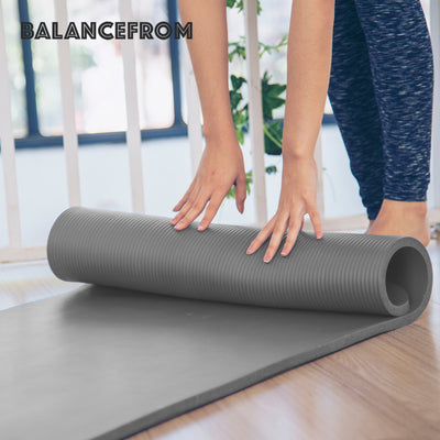 BalanceFrom 1" Extra Thick Exercise Yoga Mat with Carrying Strap, Gray(Open Box)