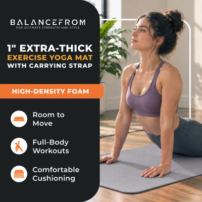 BalanceFrom 1" Extra Thick Exercise Yoga Mat with Carrying Strap, Gray(Open Box) - VMInnovations