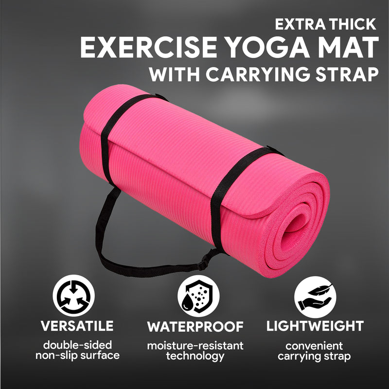 GoCloud 1" Extra Thick Exercise Yoga Mat with Carrying Strap, Pink (Open Box)