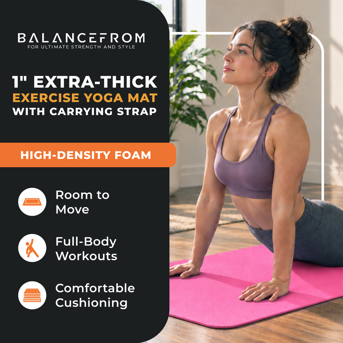 BalanceFrom 1" Extra Thick Exercise Yoga Mat with Carrying Strap, Pink(Open Box)