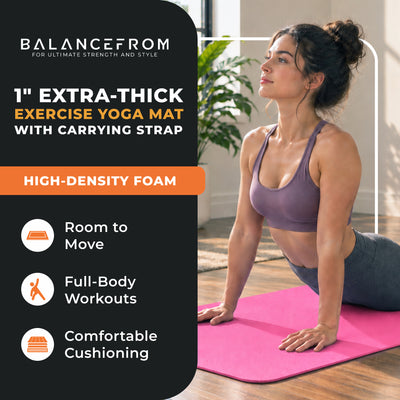 BalanceFrom 1" Extra Thick Exercise Yoga Mat with Carrying Strap, Pink(Open Box)
