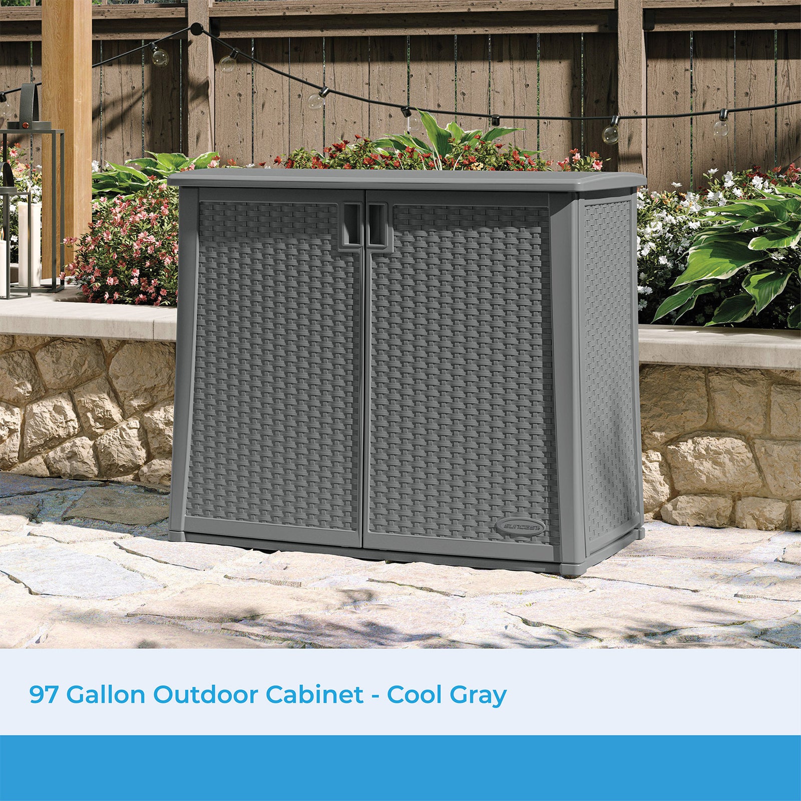 Suncast Lockable Outdoor Cabinet Deck Storage Box w/ Adjustable Shelf, Cool Gray - VMInnovations