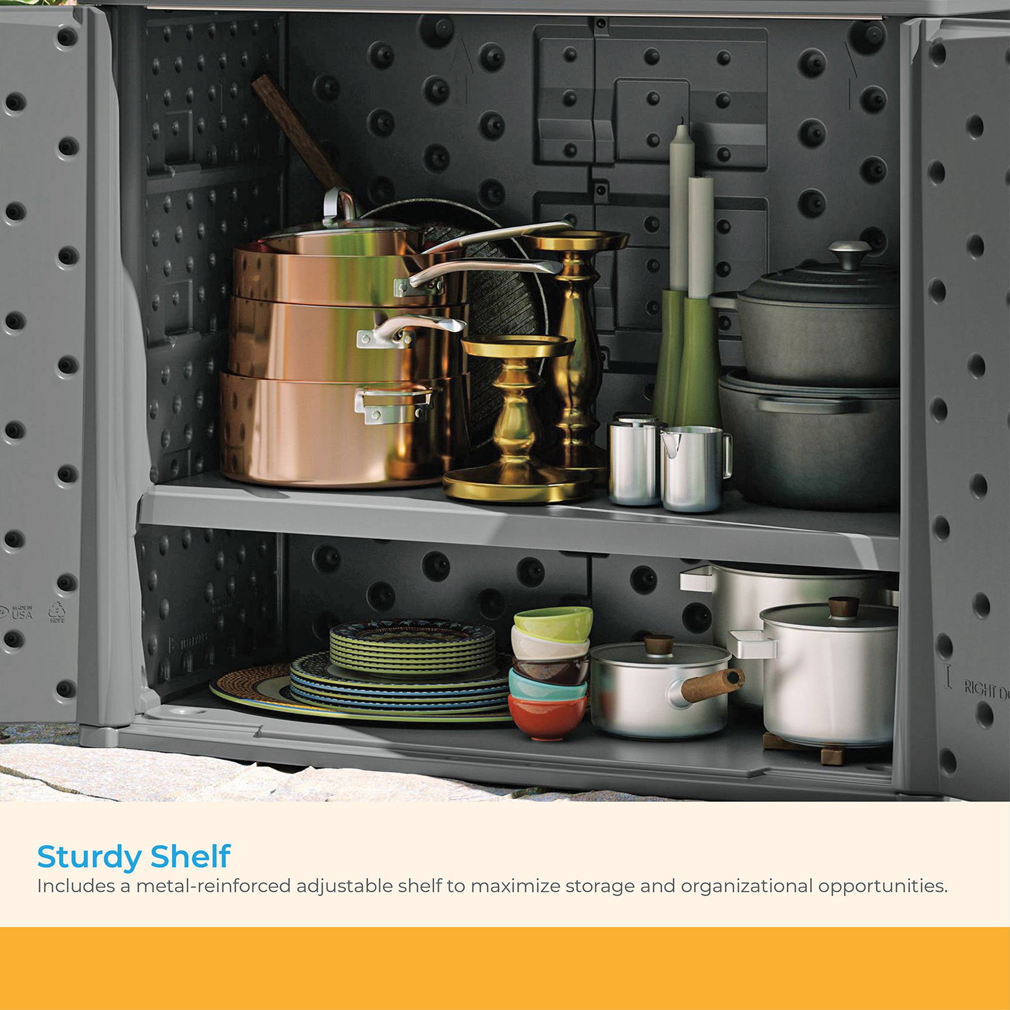 Suncast Lockable Outdoor Cabinet Deck Storage Box w/ Adjustable Shelf, Cool Gray - VMInnovations
