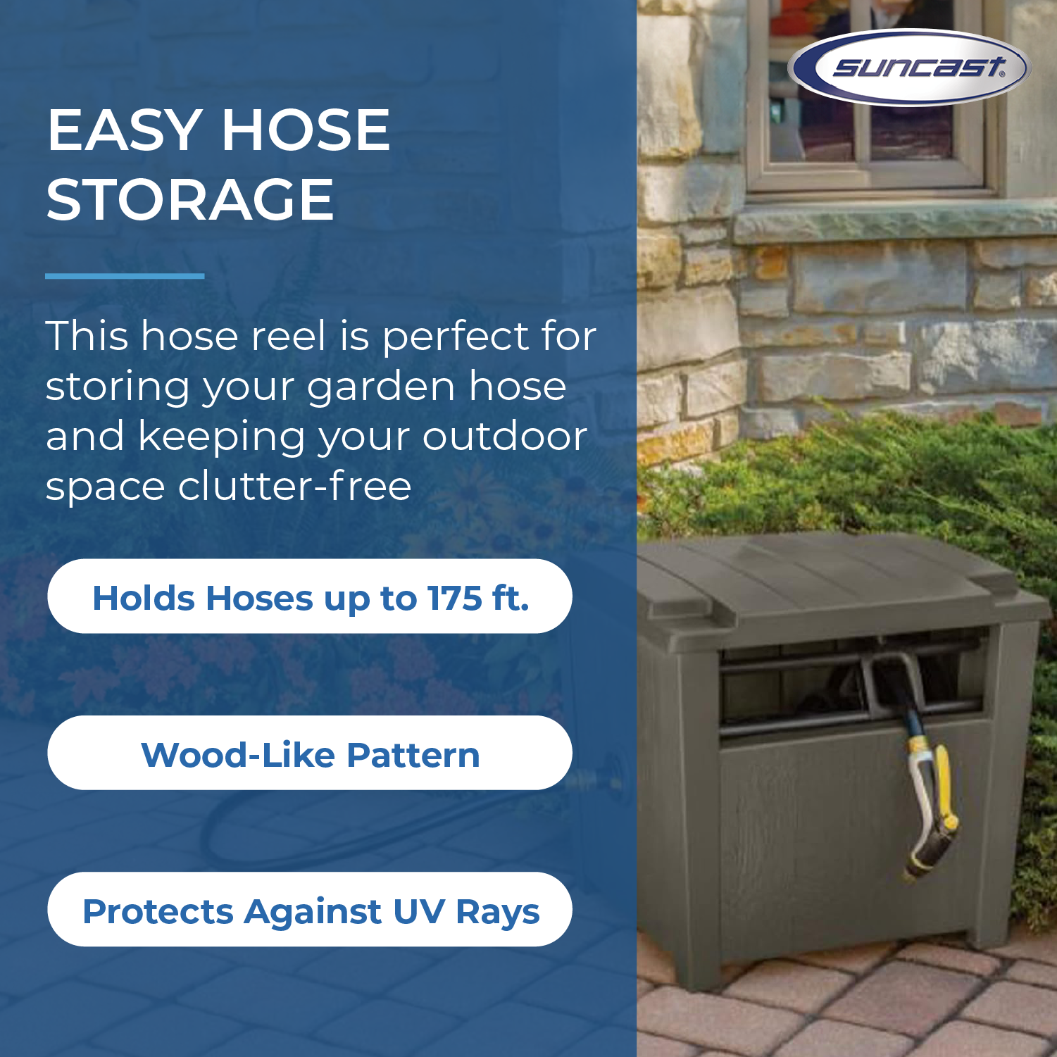 Suncast Farmington Hideaway Outdoor Garden Hose Storage Pot Container, Stoney - VMInnovations