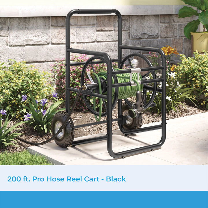 Suncast Professional Portable 200 Foot Garden Hose Reel Cart with Wheels, Black