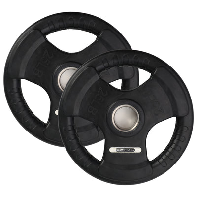 HolaHatha 25lb Olympic Rubber Coated Weight Plates w/ Tri Grip Handle (Set of 2)