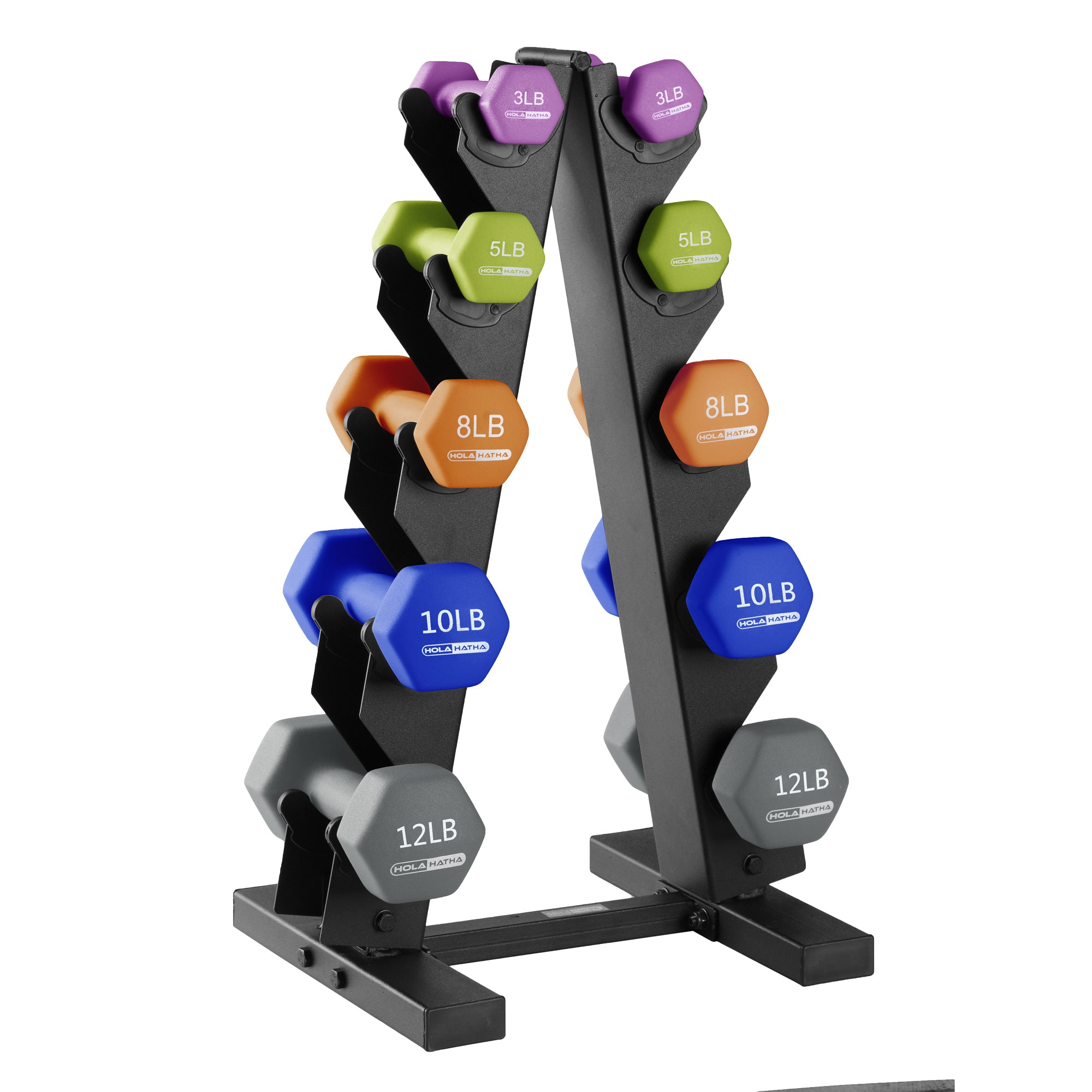 HolaHatha 3, 5, 8, 10, & 12lb Neoprene Hexagon Dumbbell Weight Set w/Stand(Used) - VMInnovations
