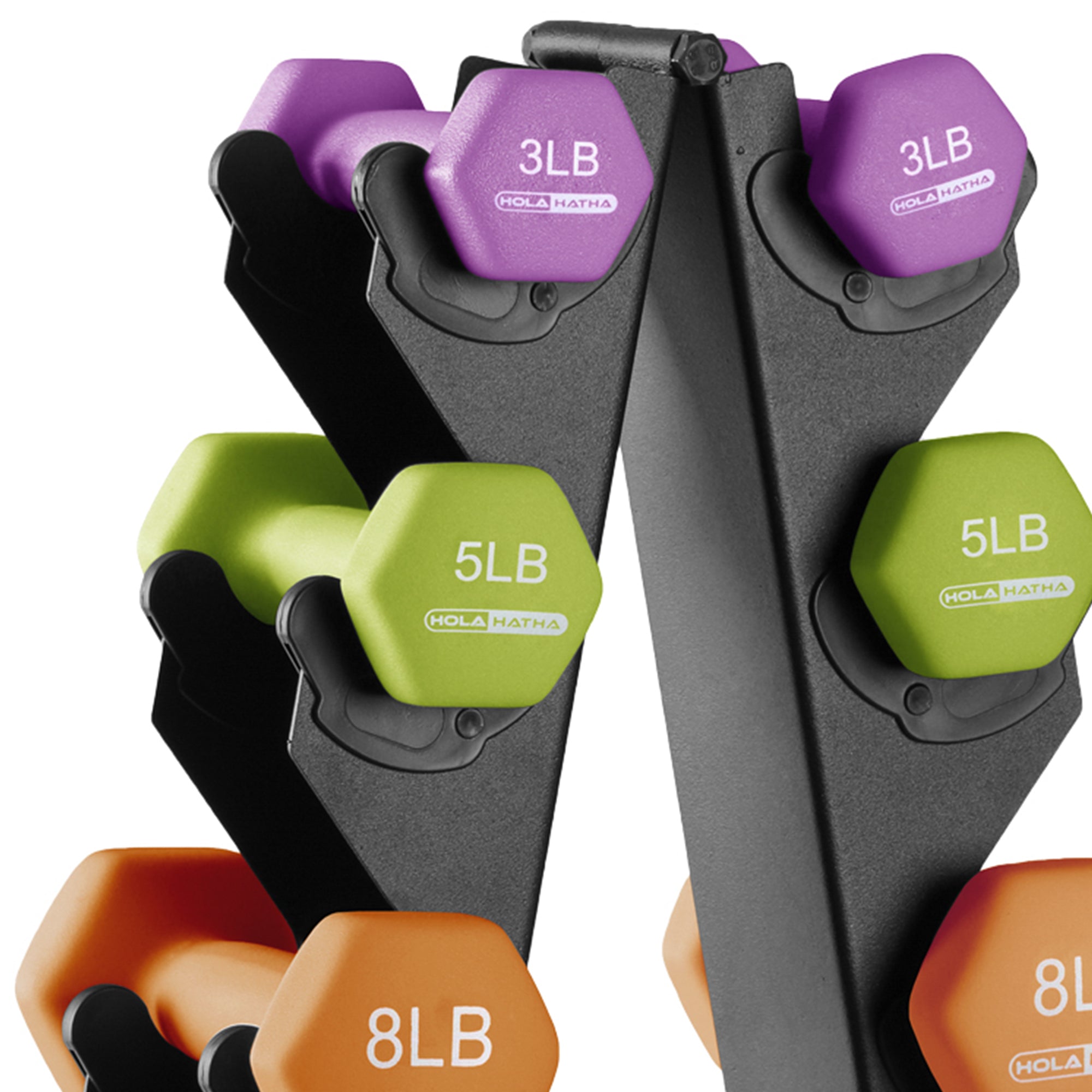 HolaHatha 3, 5, 8, 10, & 12lb Neoprene Hexagon Dumbbell Weight Set w/Stand(Used) - VMInnovations