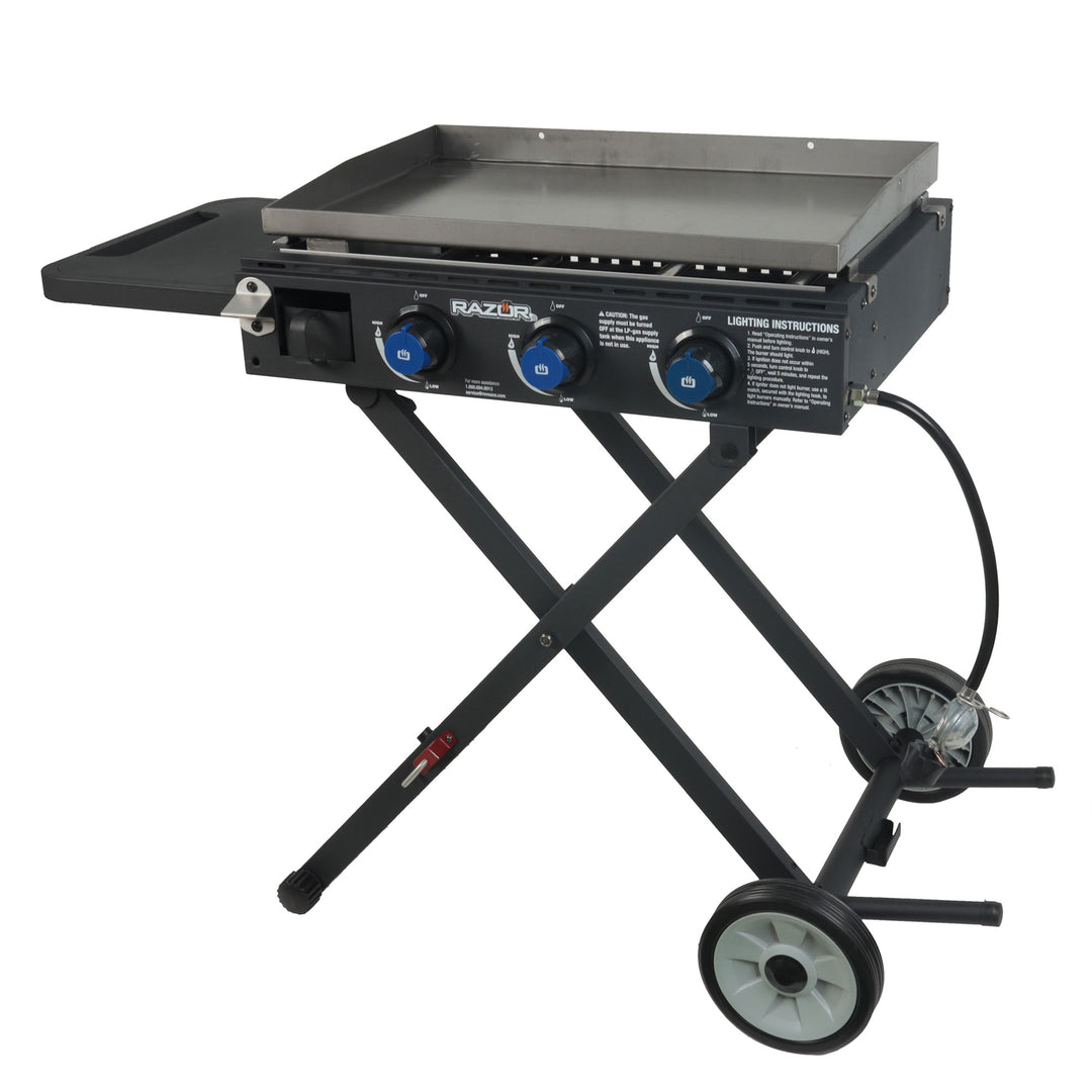 Razor Griddle Portable 3 Burner 30K BTU Gas Grill & Griddle Cart with Side Shelf