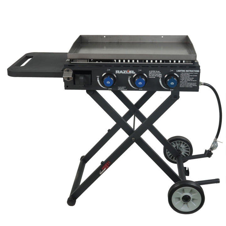 Razor Griddle Portable 3 Burner 30K BTU Gas Grill & Griddle Cart with Side Shelf