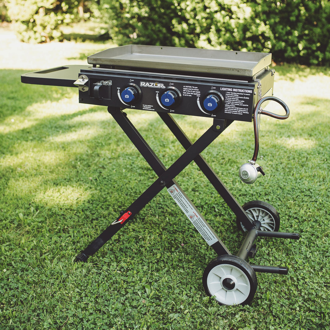 Razor Griddle Portable 3 Burner 30K BTU Gas Grill & Griddle Cart with Side Shelf