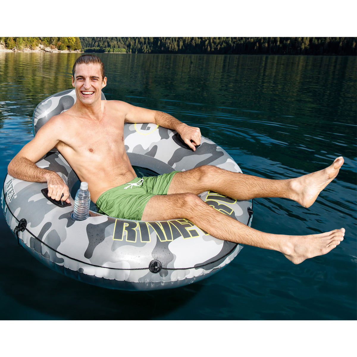 Intex River Run I Camo Inflatable Floating Tube Raft with Cup Holders (4 Pack)