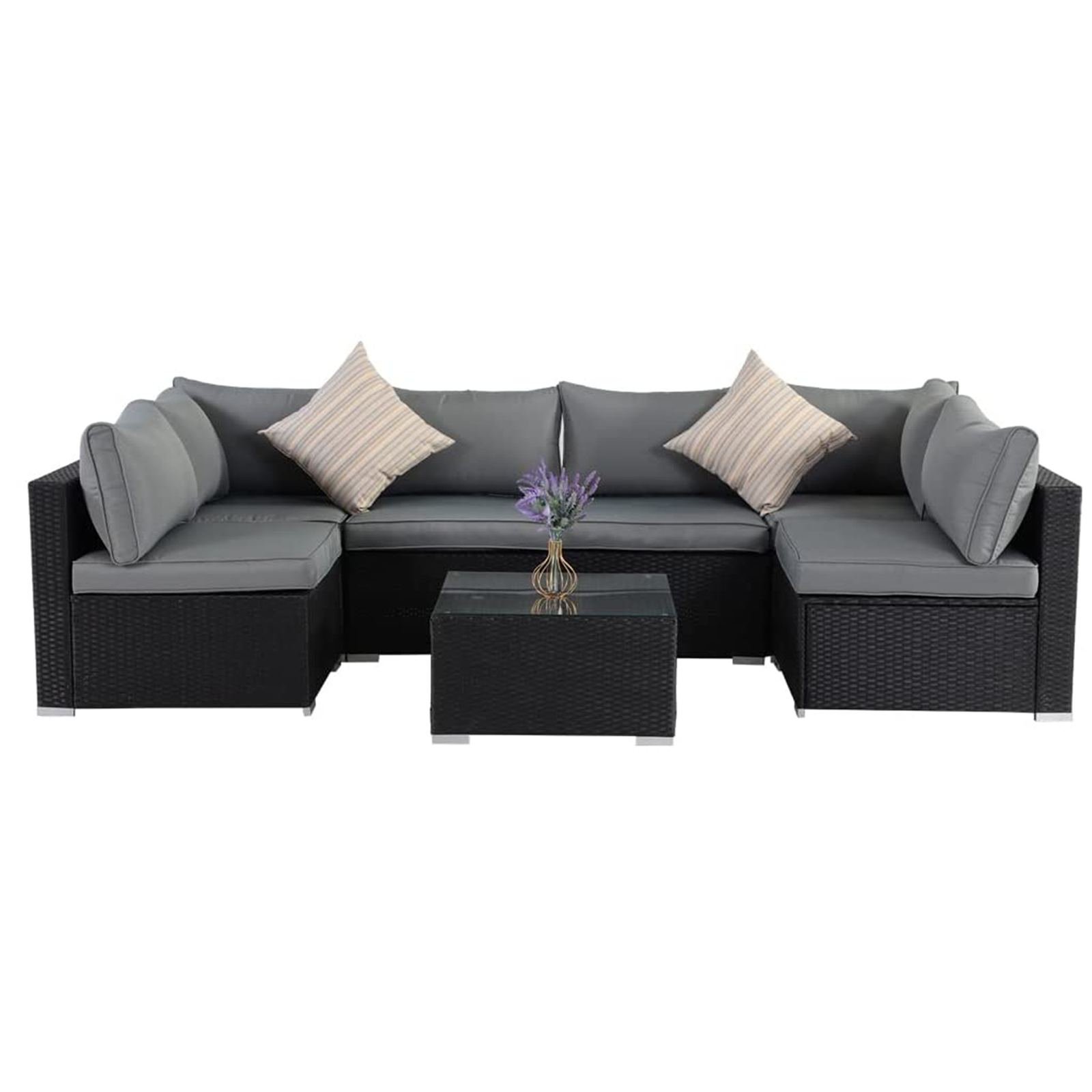 ESSENTIAL LOUNGER Outdoor Furniture Sofa Set w/Cushion & Glass Table, Set of 7 - VMInnovations