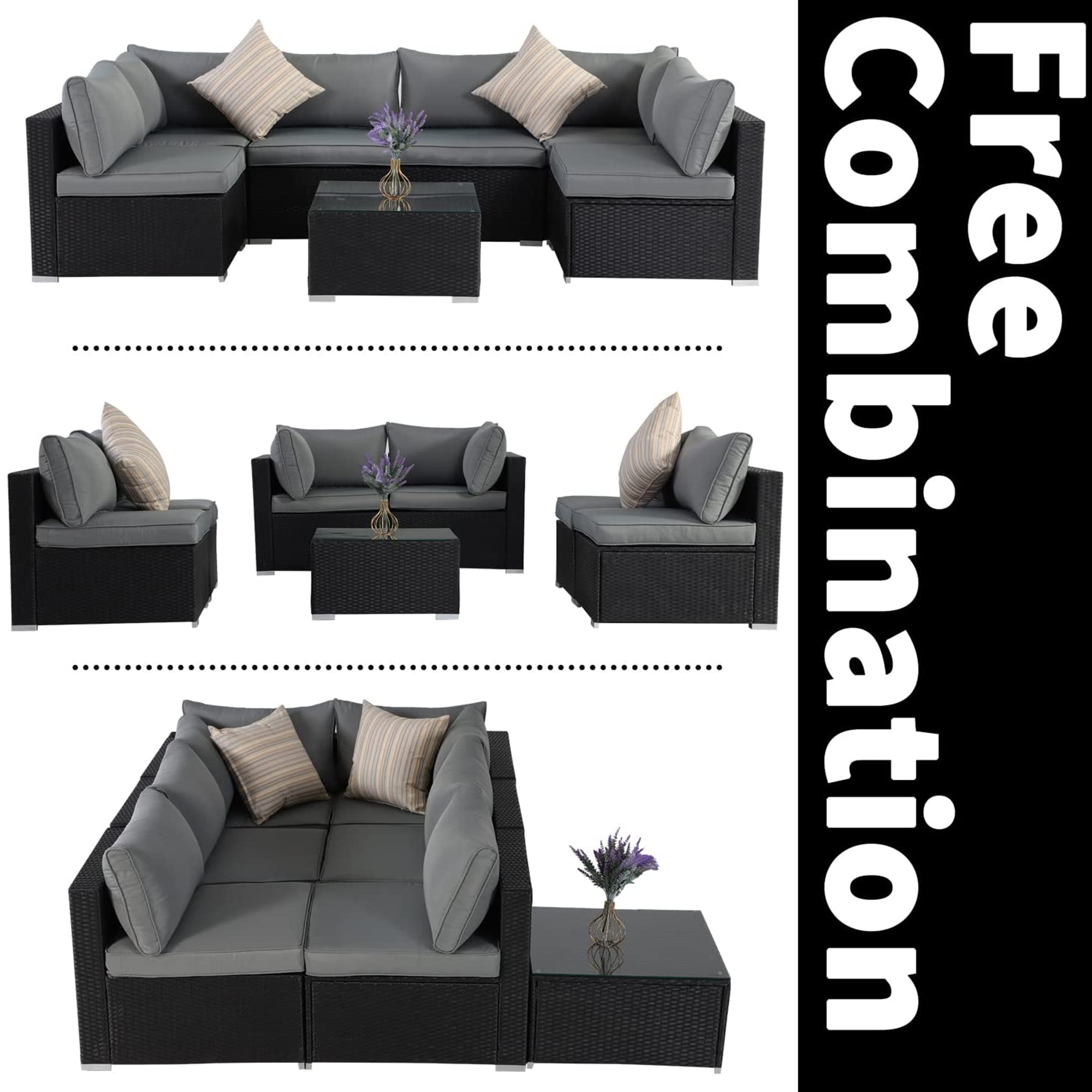 ESSENTIAL LOUNGER Outdoor Furniture Sofa Set w/Cushion & Glass Table, Set of 7 - VMInnovations