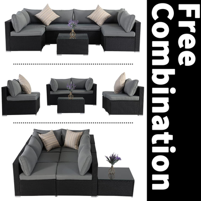 ESSENTIAL LOUNGER Outdoor Furniture Sofa Set w/Cushion & Glass Table, Set of 7 - VMInnovations
