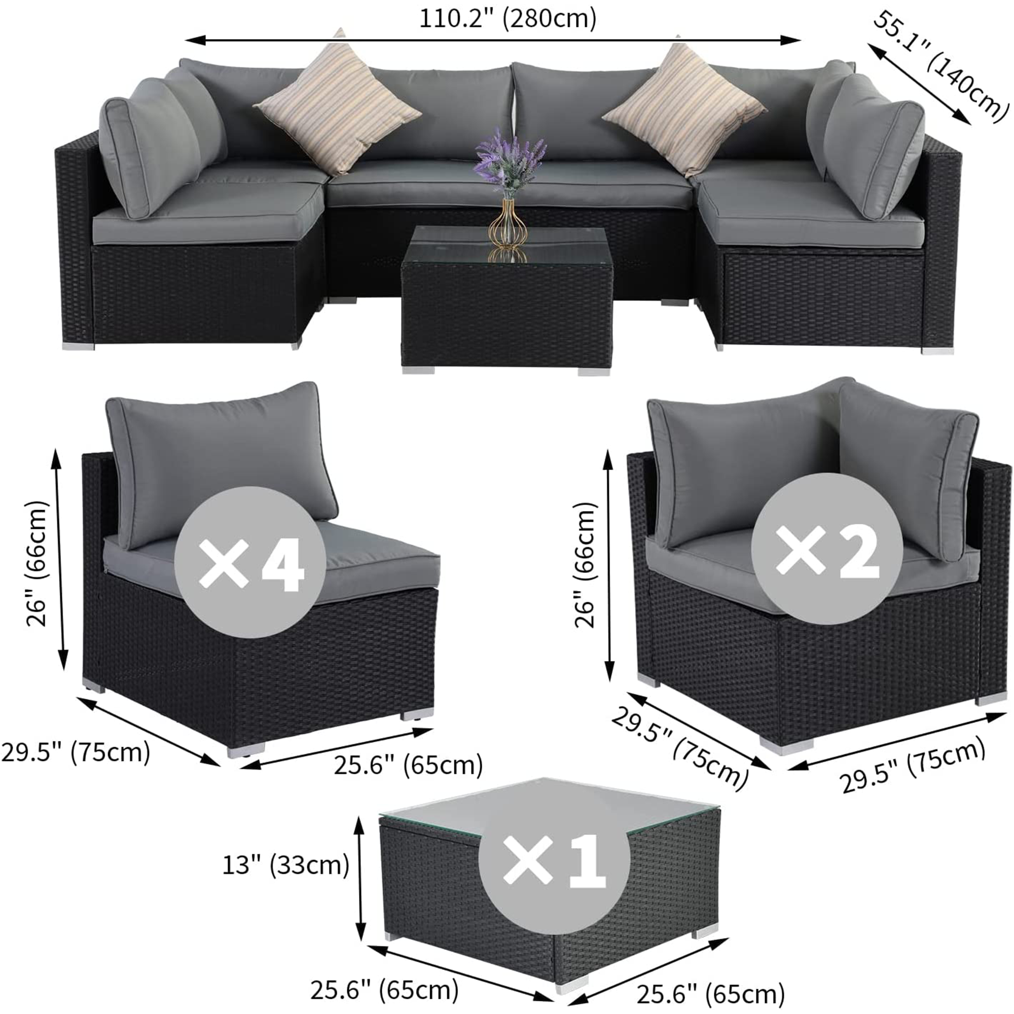 ESSENTIAL LOUNGER Outdoor Furniture Sofa Set w/Cushion & Glass Table, Set of 7 - VMInnovations
