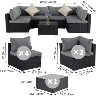 ESSENTIAL LOUNGER Outdoor Furniture Sofa Set w/Cushion & Glass Table, Set of 7 - VMInnovations