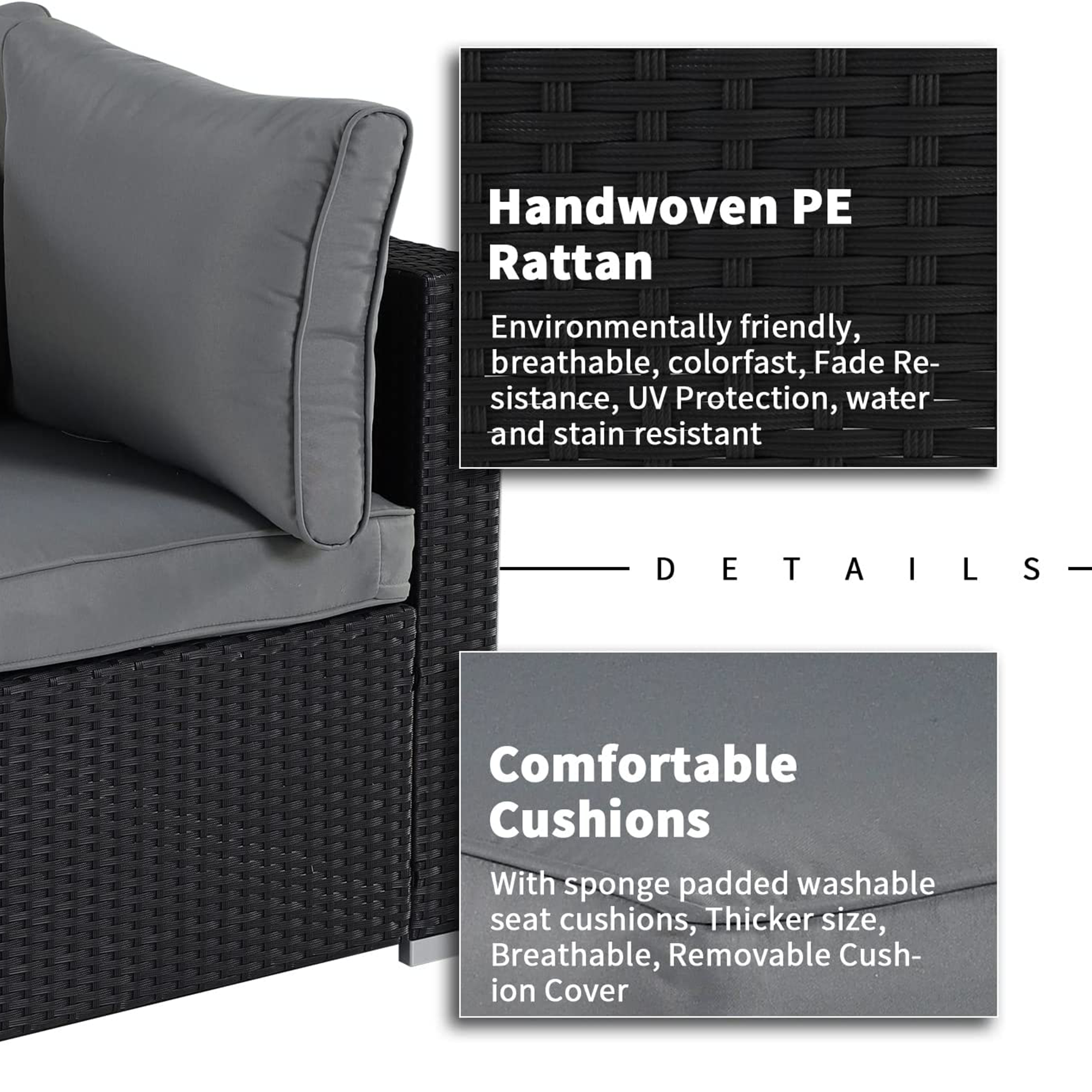 ESSENTIAL LOUNGER Outdoor Furniture Sofa Set w/Cushion & Glass Table, Set of 7 - VMInnovations