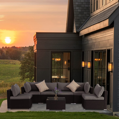 ESSENTIAL LOUNGER Outdoor Furniture Sofa Set w/Cushion & Glass Table, Set of 7 - VMInnovations