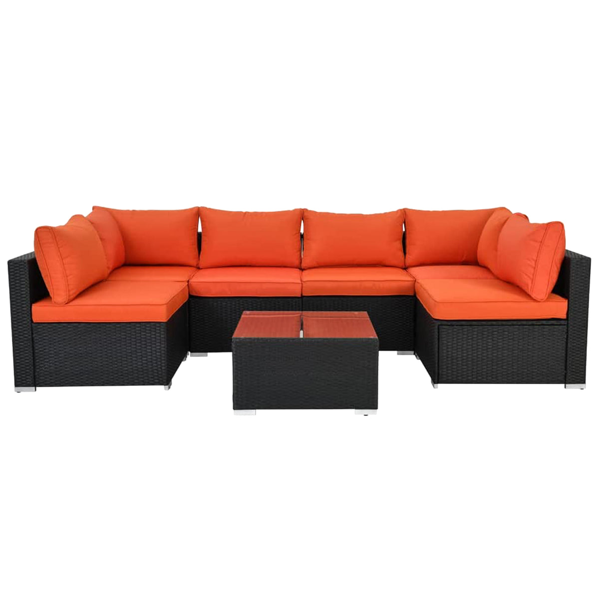 ESSENTIAL LOUNGER Outdoor Sofa Set w/Cushion & Glass Table Set of 7, Orange