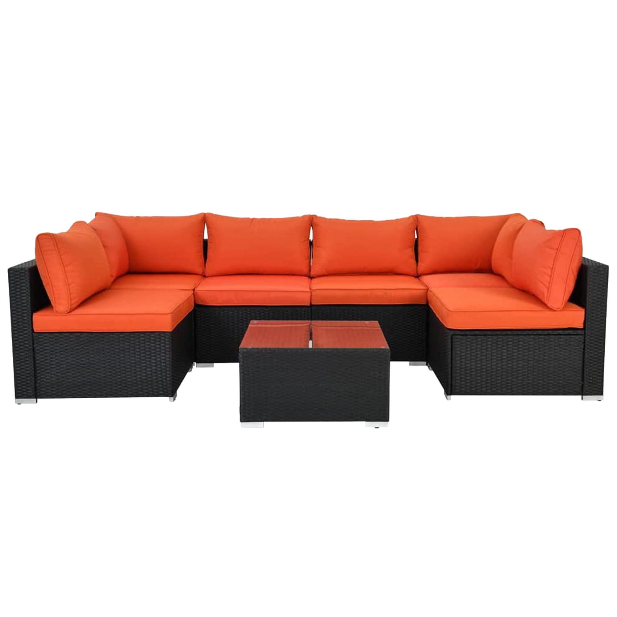ESSENTIAL LOUNGER Outdoor Sofa Set w/Cushion & Glass Table Set of 7, Orange
