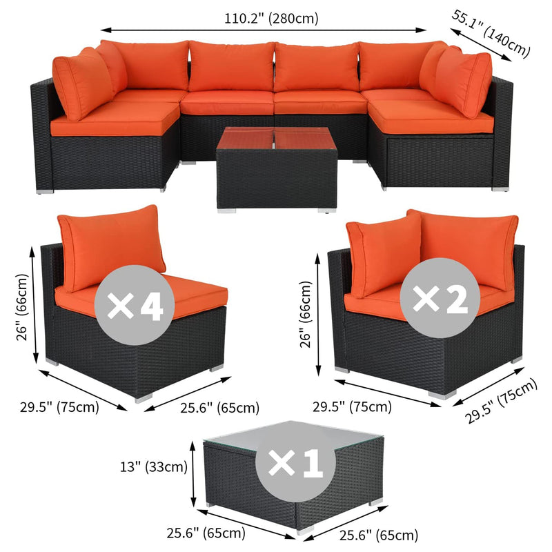 ESSENTIAL LOUNGER Outdoor Sofa Set w/Cushion & Glass Table Set of 7, Orange