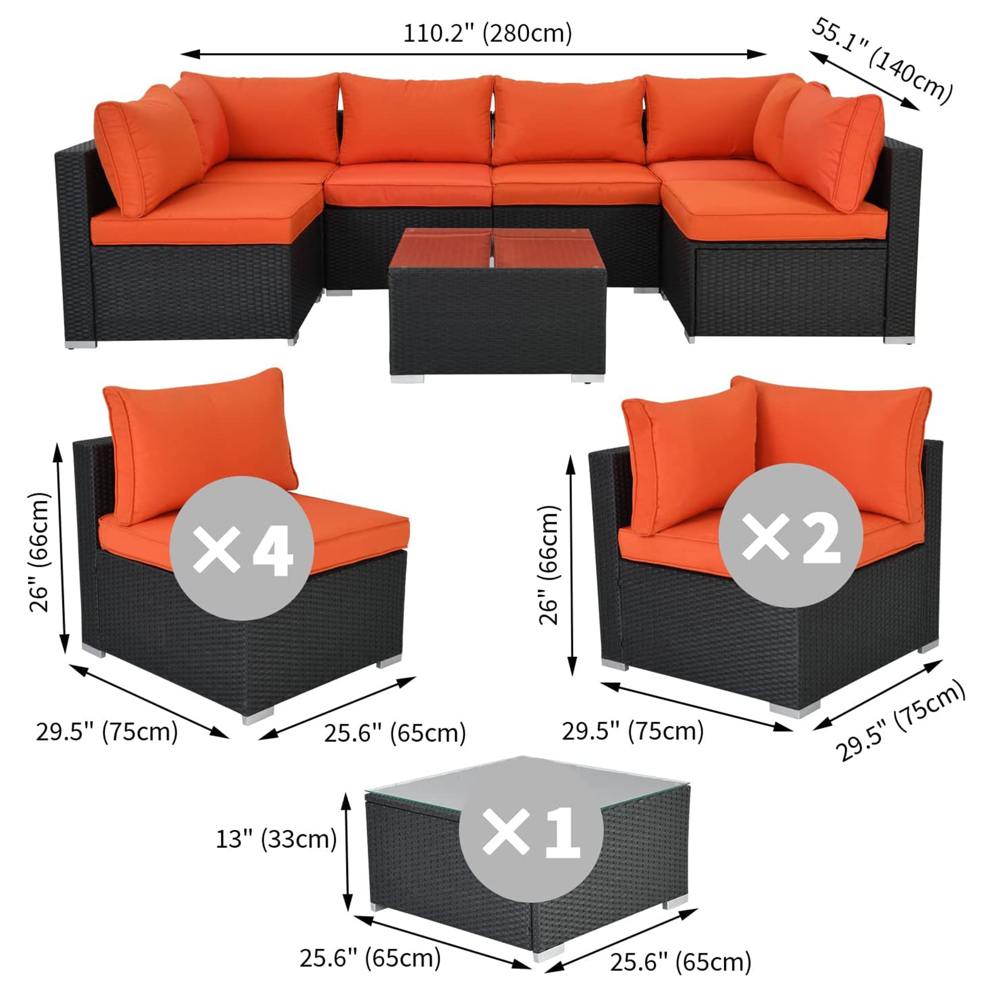 ESSENTIAL LOUNGER Outdoor Sofa Set w/Cushion & Glass Table Set of 7, Orange