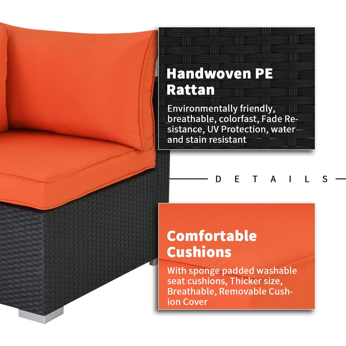 ESSENTIAL LOUNGER Outdoor Sofa Set w/Cushion & Glass Table Set of 7, Orange