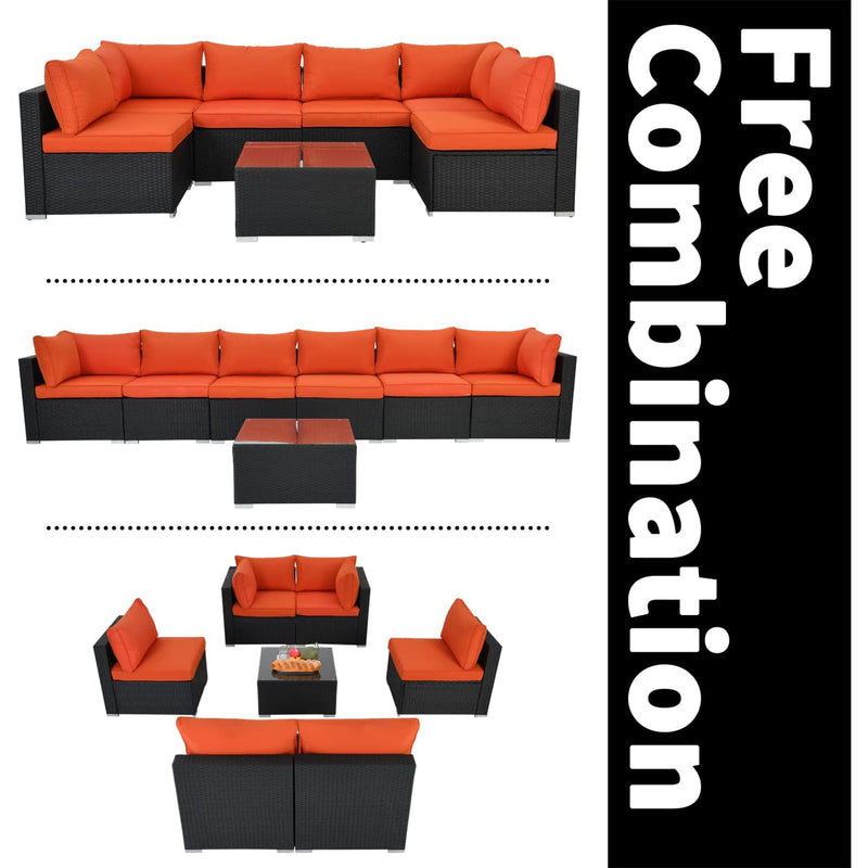 ESSENTIAL LOUNGER Outdoor Sofa Set w/Cushion & Glass Table Set of 7, Orange