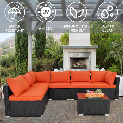 ESSENTIAL LOUNGER Outdoor Sofa Set w/Cushion & Glass Table Set of 7, Orange