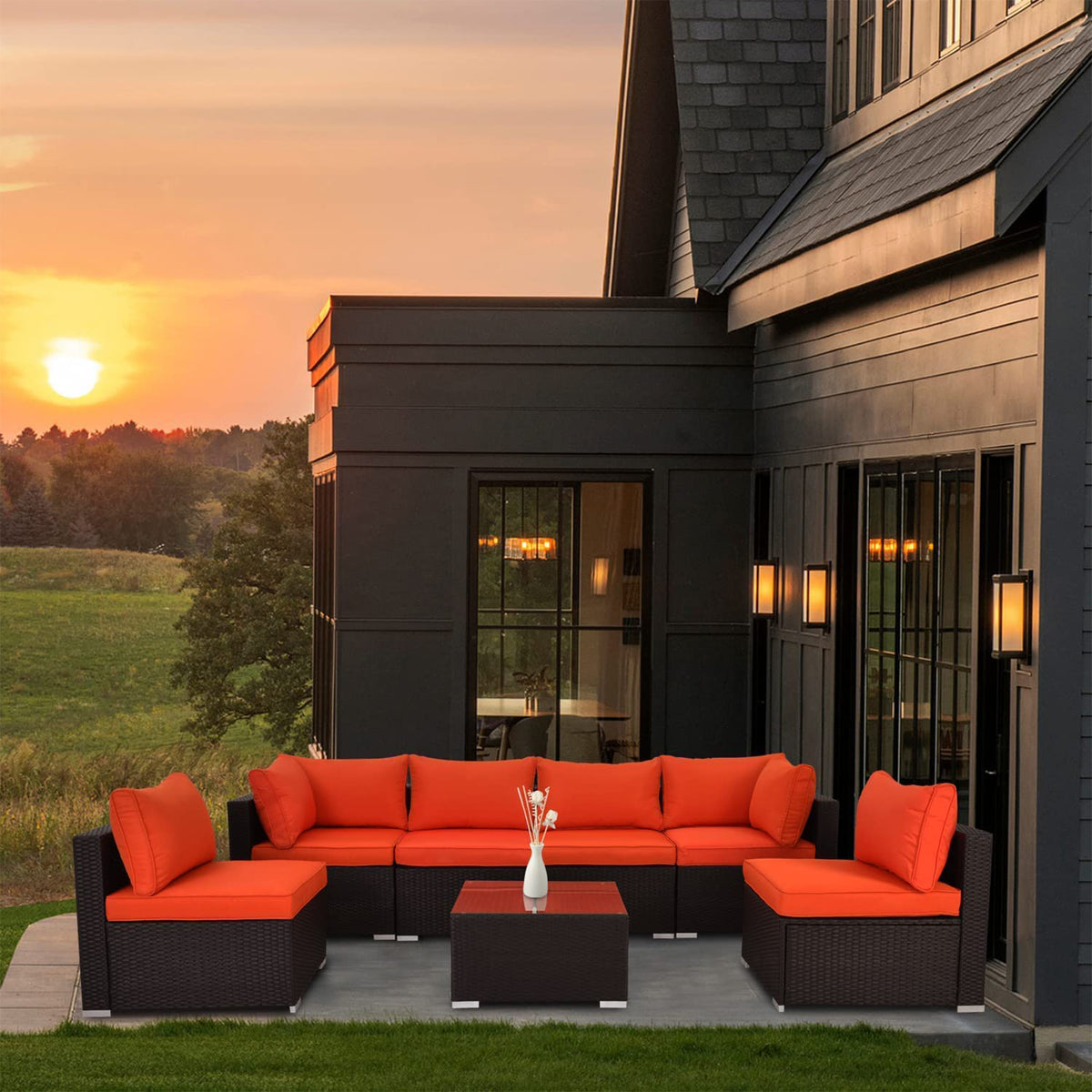 ESSENTIAL LOUNGER Outdoor Sofa Set w/Cushion & Glass Table Set of 7, Orange