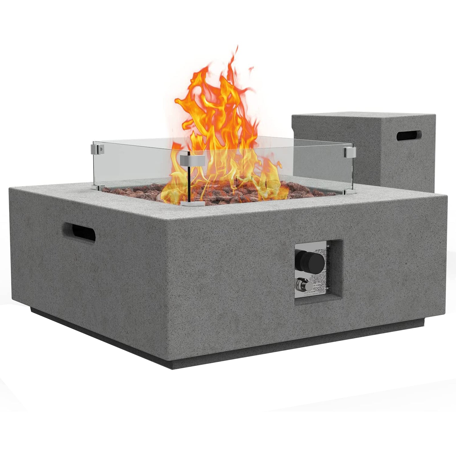 ESSENTIAL LOUNGER 35" Square Concrete Outdoor 50,000 BTU Firepit Table Set, Gray - VMInnovations