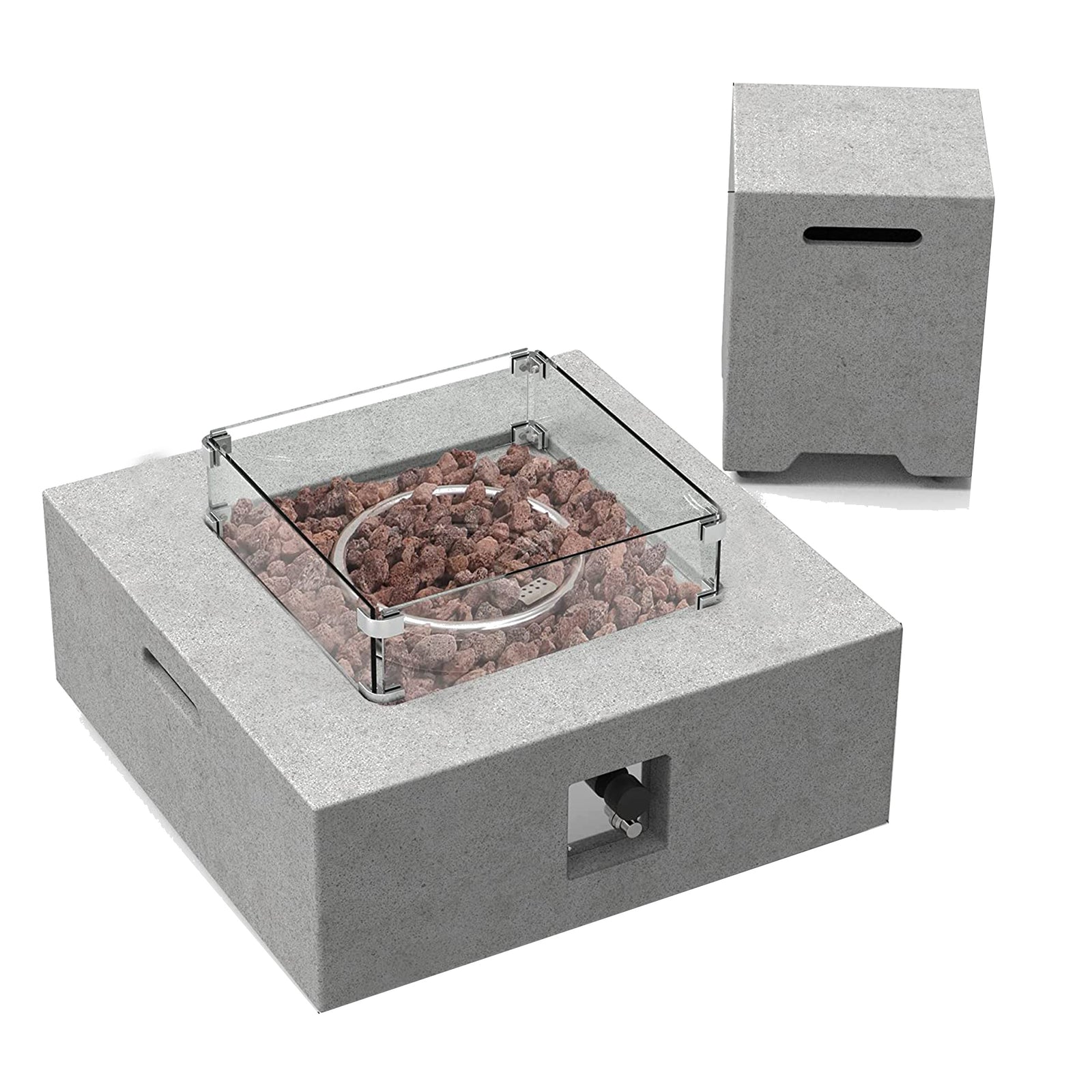ESSENTIAL LOUNGER 35" Square Concrete Outdoor 50,000 BTU Firepit Table Set, Gray - VMInnovations