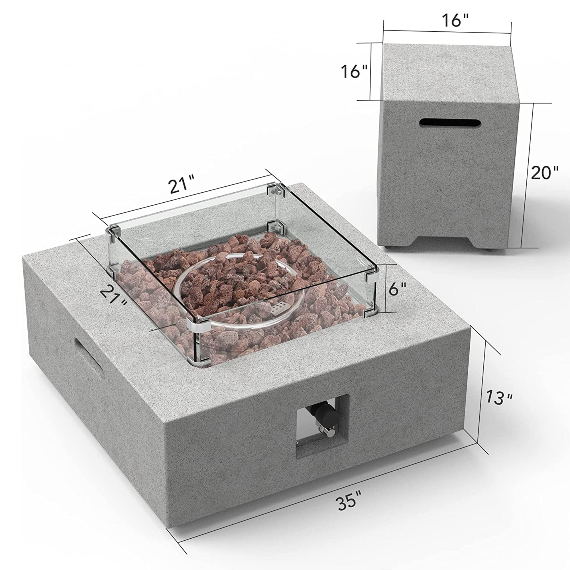 ESSENTIAL LOUNGER 35" Square Concrete Outdoor 50,000 BTU Firepit Table Set, Gray - VMInnovations