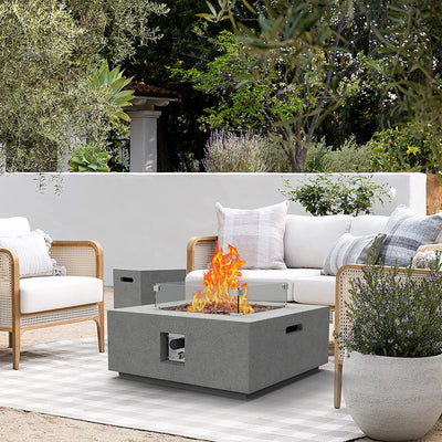 ESSENTIAL LOUNGER 35" Square Concrete Outdoor 50,000 BTU Firepit Table Set, Gray - VMInnovations