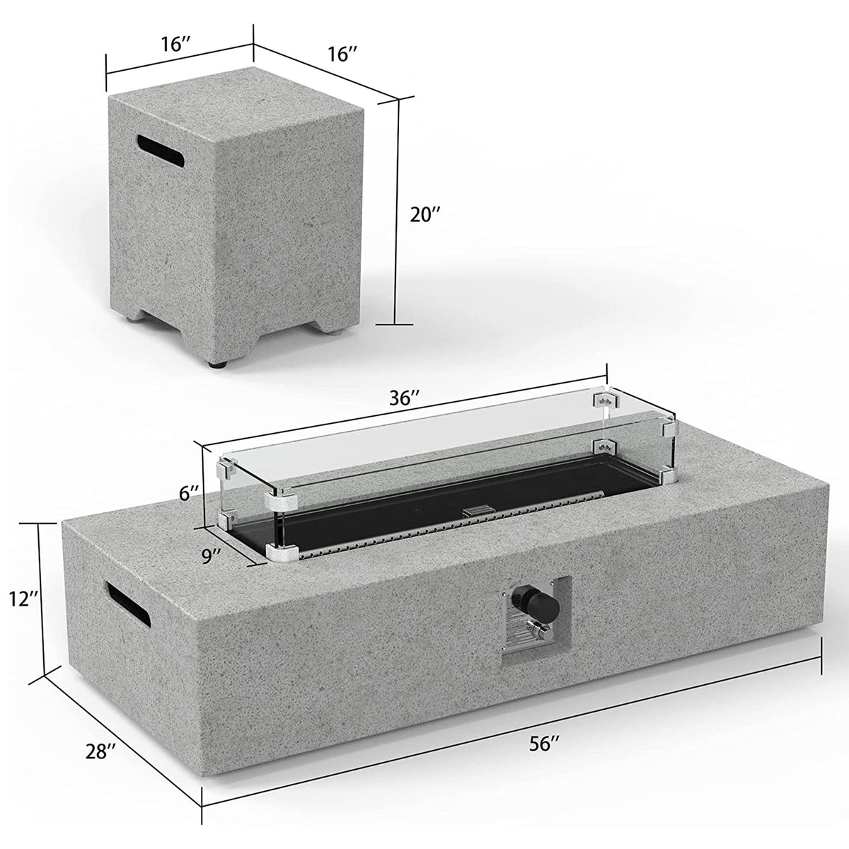 ESSENTIAL LOUNGER 56" Large Rectangular Concrete Outdoor Firepit Table Set, Gray
