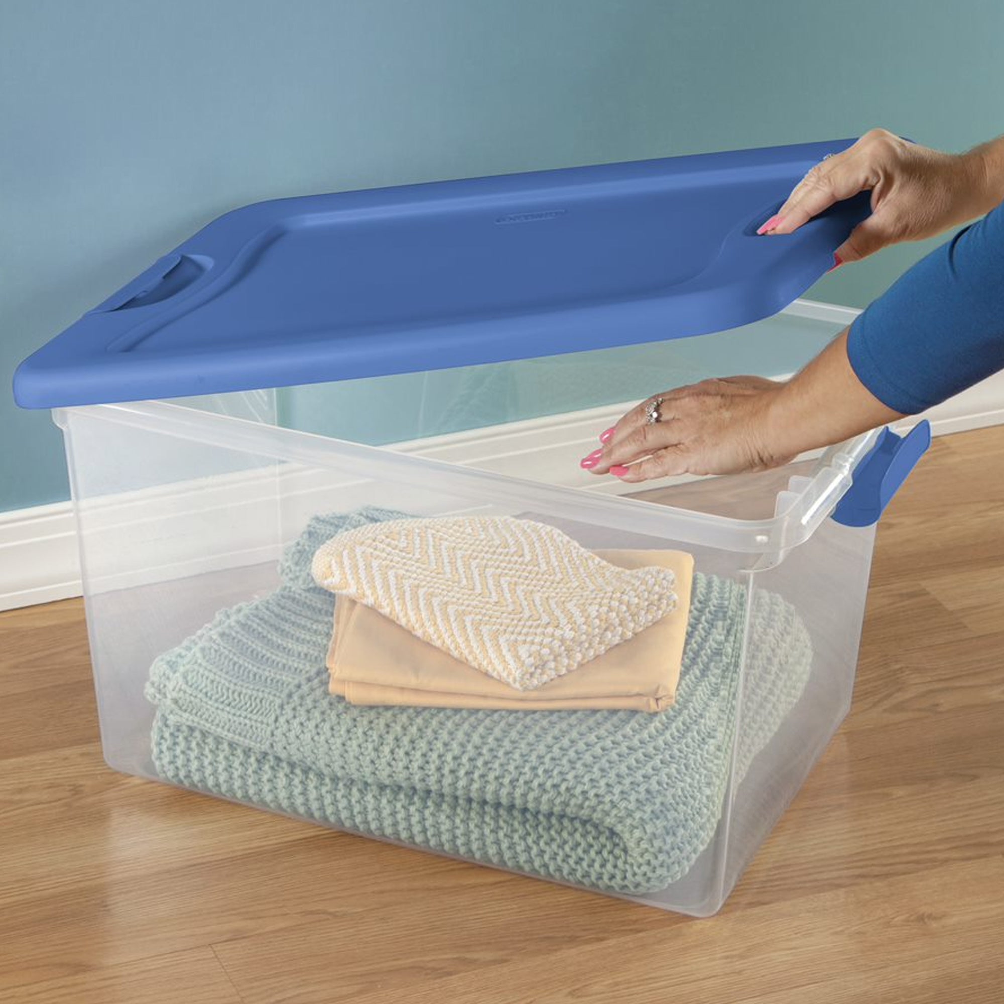 Sterilite 64 Quart Clear Plastic Latching Storage Container Box, Blue Summer