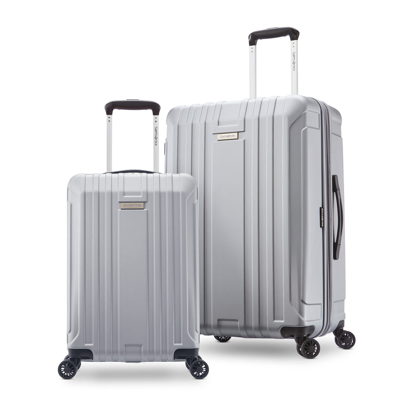 New Castle Hardside Spinner Luggage w/Adjustable Handle, 2pcs, Silver (Used)