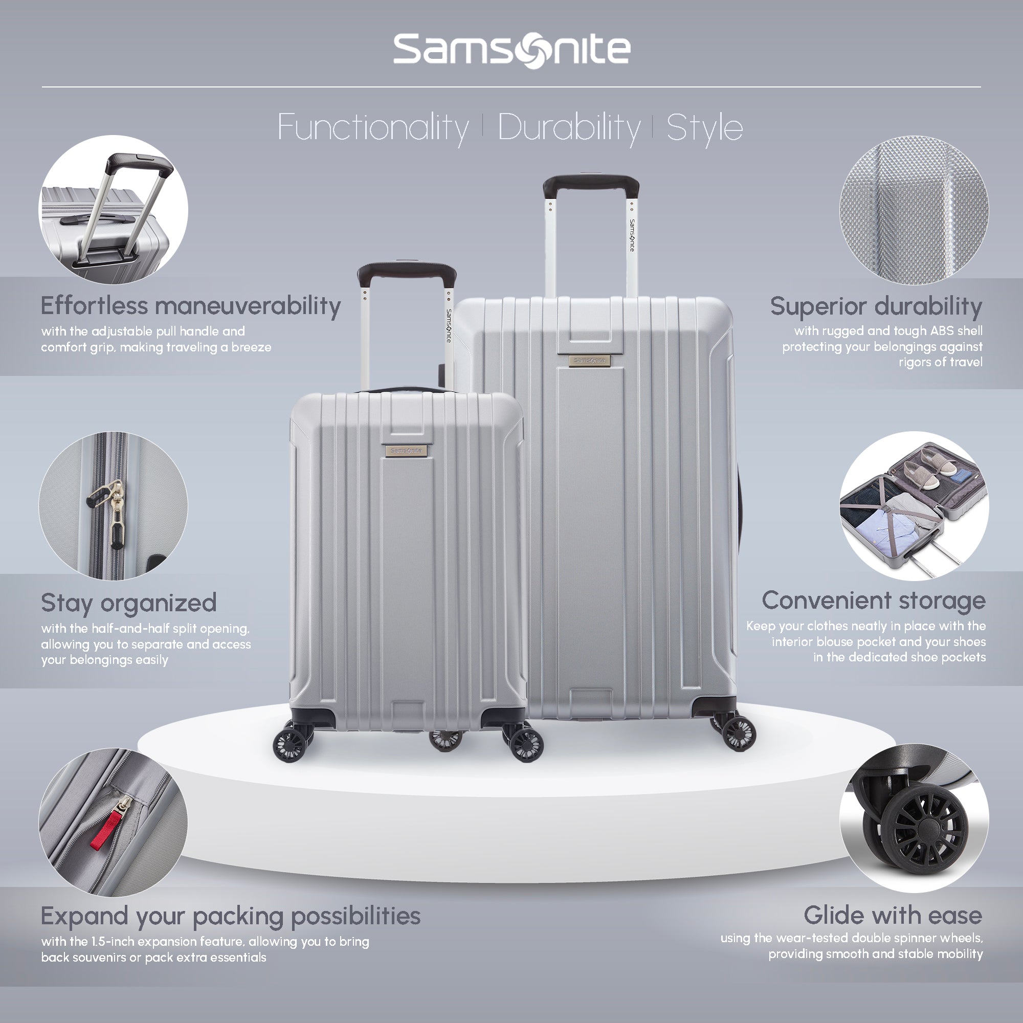 Samsonite Hardside Spinner Luggage w/Adjustable Handle, 2pcs, Silver (Used) - VMInnovations