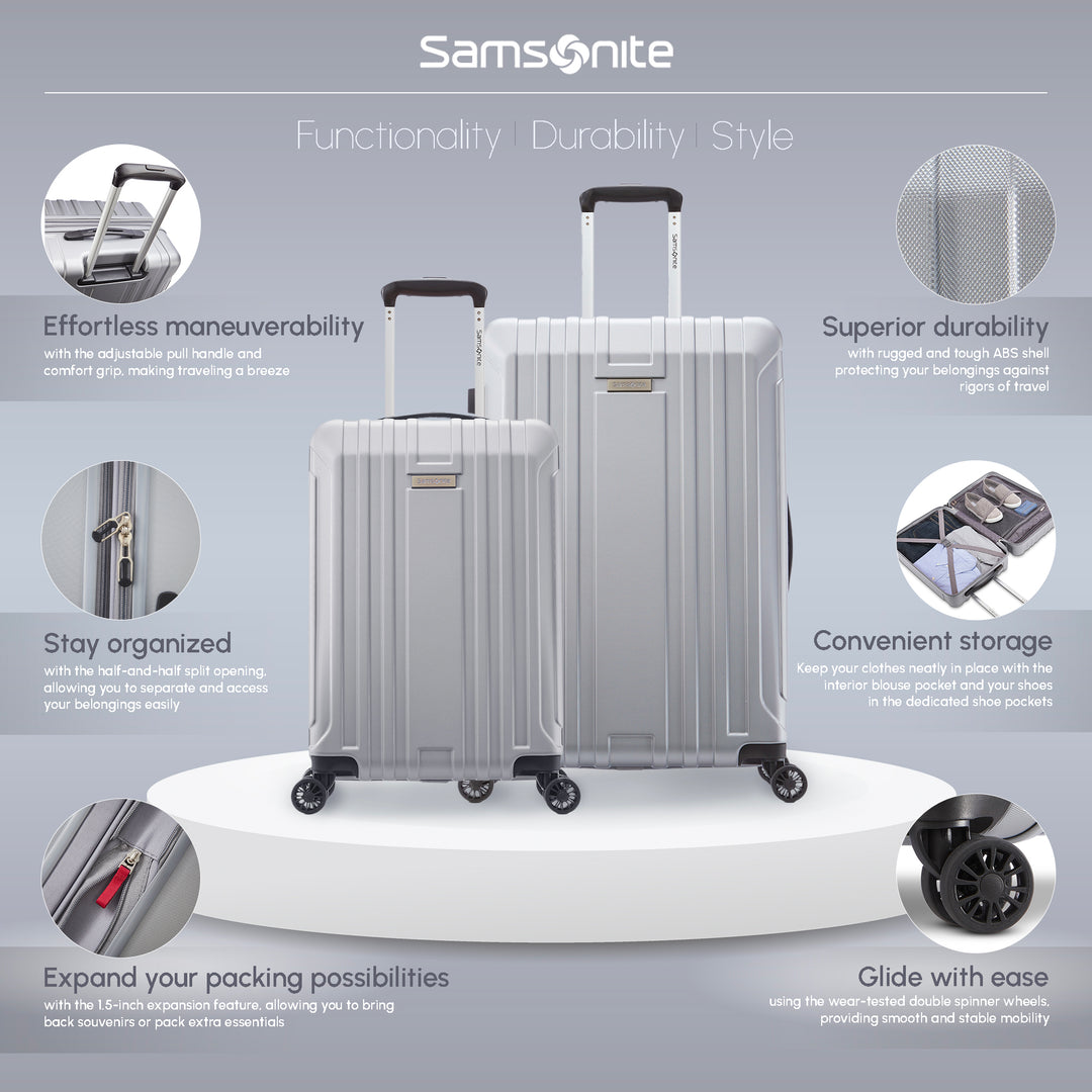 Samsonite Hardside Spinner Luggage w/Adjustable Handle, 2pcs, Silver (Used)