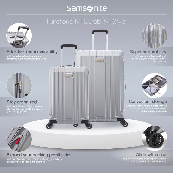 Samsonite Hardside Spinner Luggage w/Adjustable Handle, 2pcs, Silver (Used)