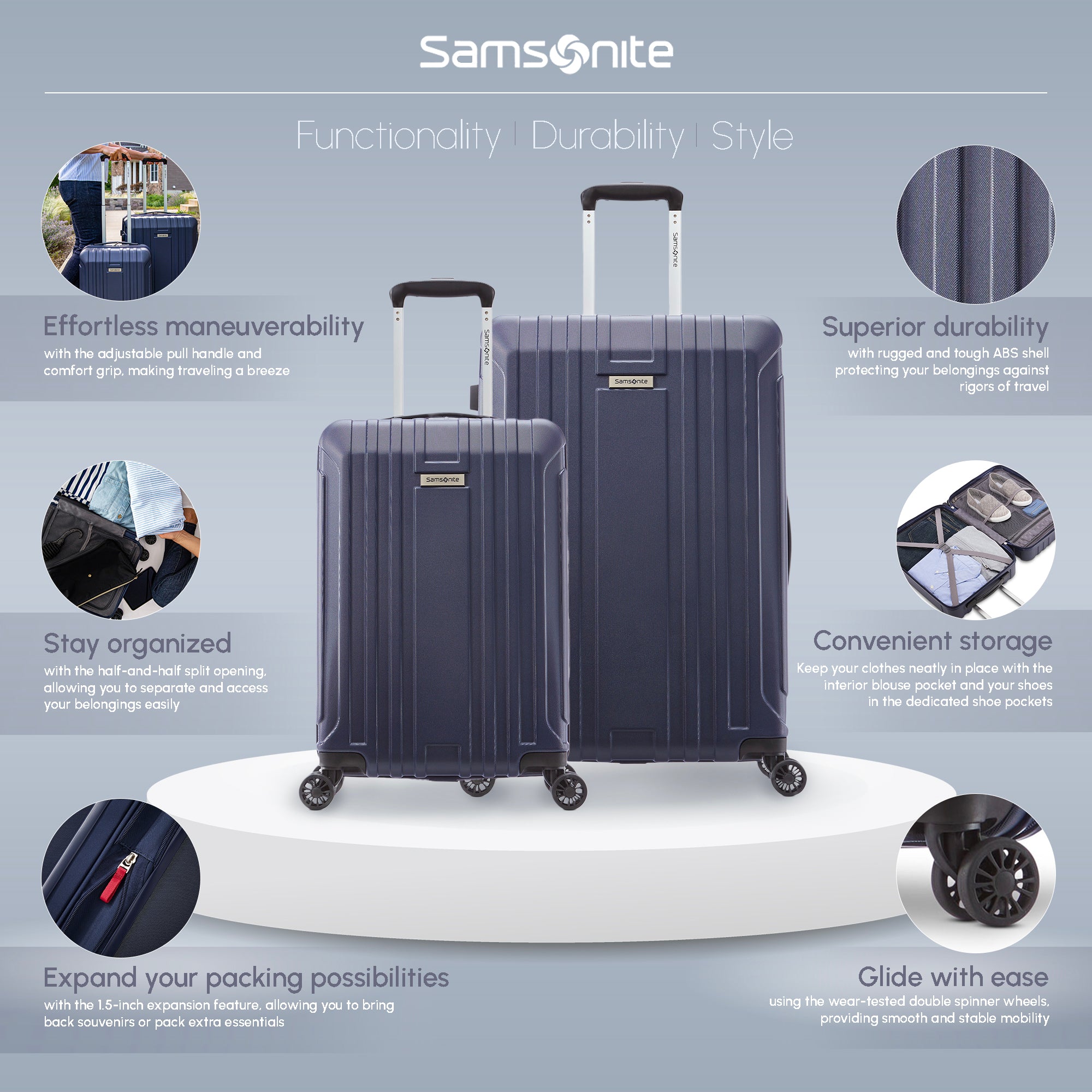 Samsonite New Castle Hardside Luggage w/Adjustable Handle, 2pc, Navy (Used) - VMInnovations