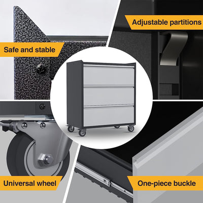 AOBABO Steel Rolling Tool Storage Chest 3 Drawer Cabinet with Wheels, Black/Grey - VMInnovations